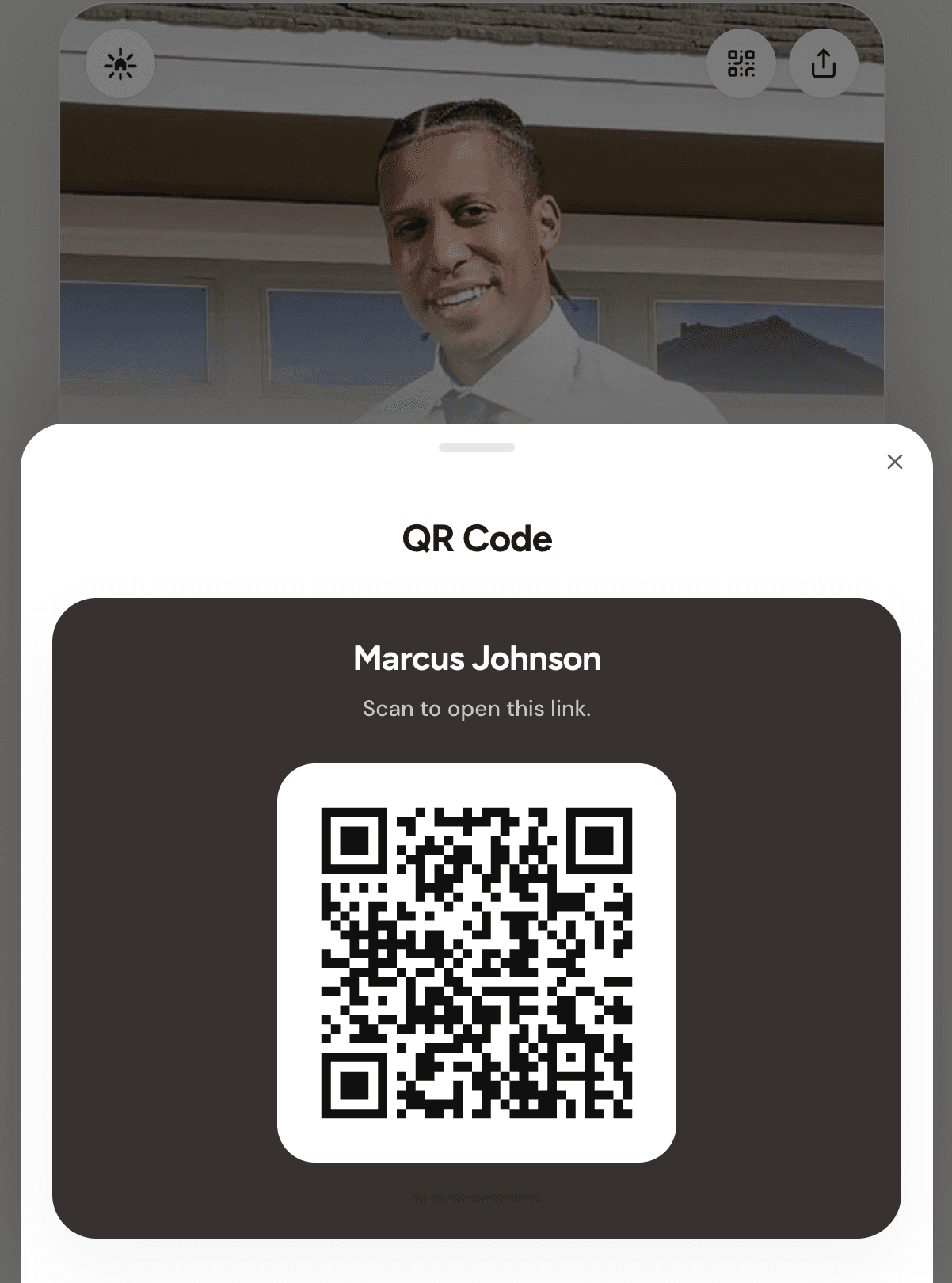 listree mobile QR code modal for Marcus Johnson profile